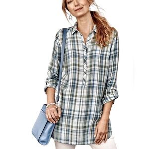 J. Jill Love Linen Plaid Shirt L Tunic Half Placket Roll Up Sleeves Pockets